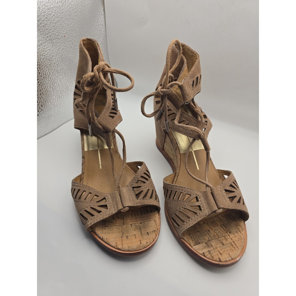 Dolce Vita Lorain Ghillie Taupe Cork Die-Cut-Lace-Up Wedge Sandals Size 6
